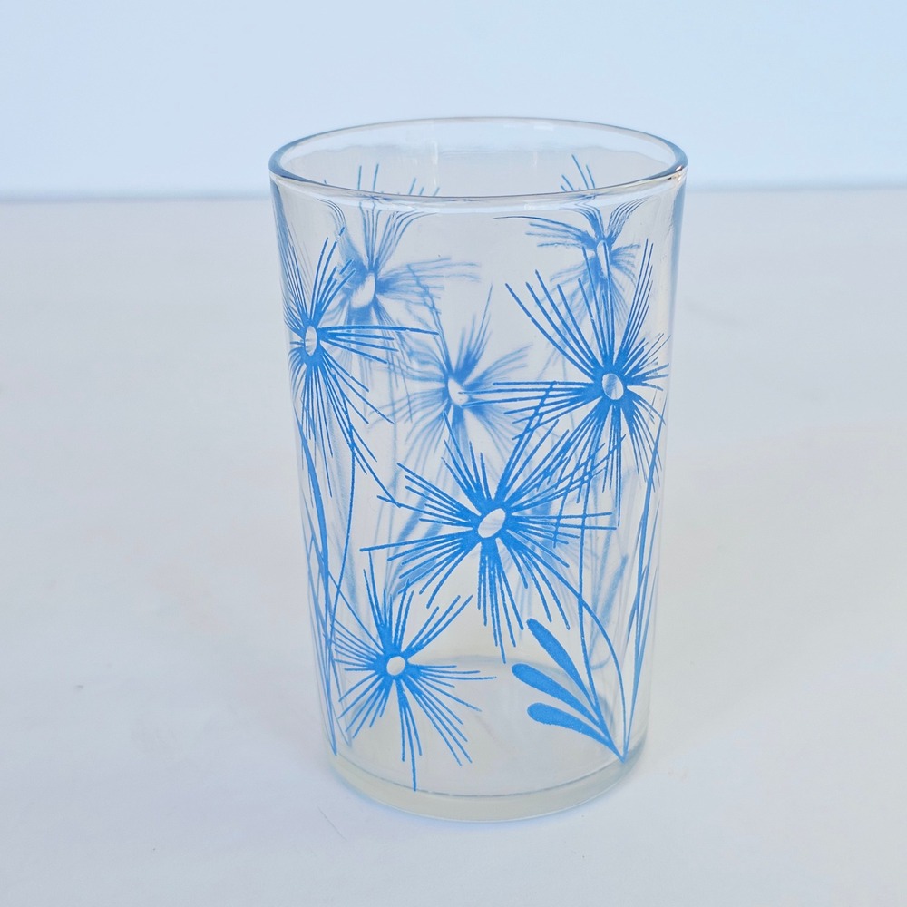 Vintage Blue Dandelion Floral Glass Tumbler Mid Century Modern Retro Kitchen